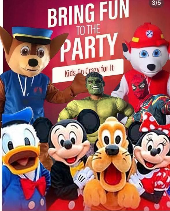 Multiple mascot options available for kids events and parties